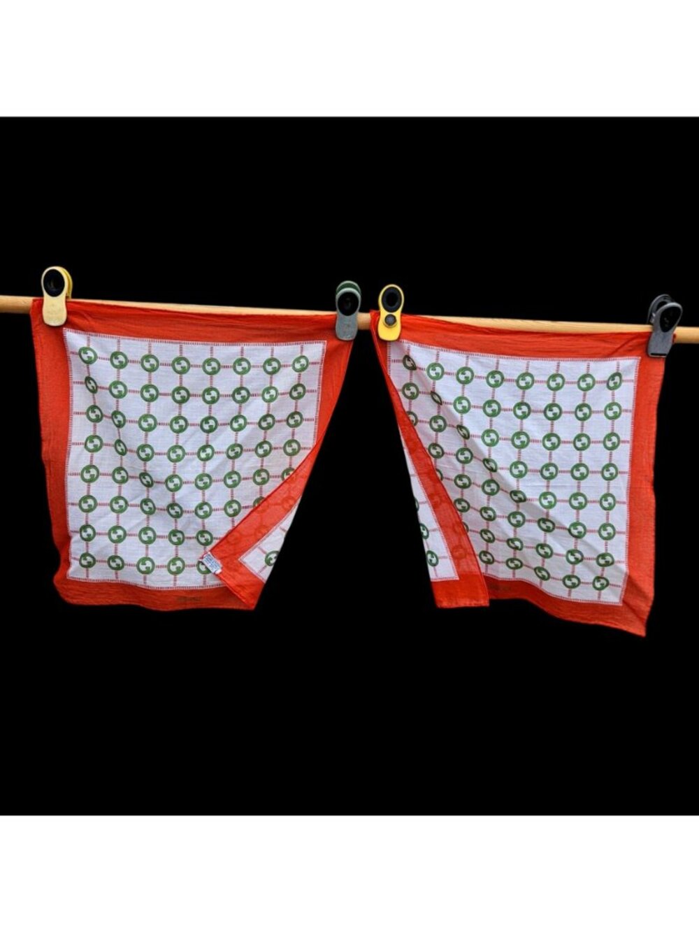 Vintage Gucci GG Logo Cotton Scarf Handkerchief Set 2 Orange Green White Italy - Picture 3 of 11